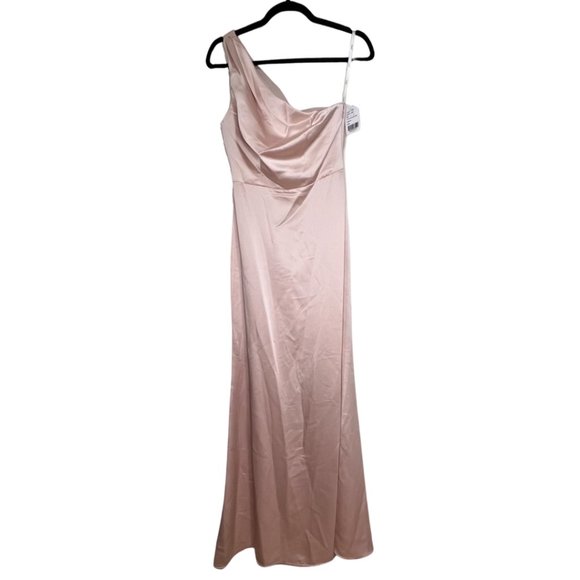 NWT LOVELY Shirred One-Shoulder Satin Trumpet Dress - Picture 3 of 7